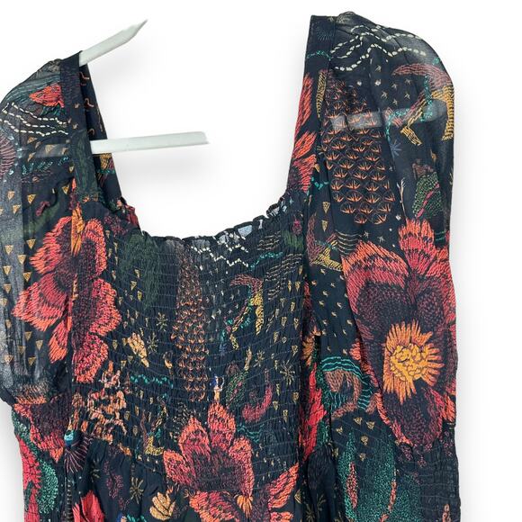 FARM Rio NWT Black River Creatures Smocked Floral Chiffon Sheer Blouse XS - Picture 4 of 10